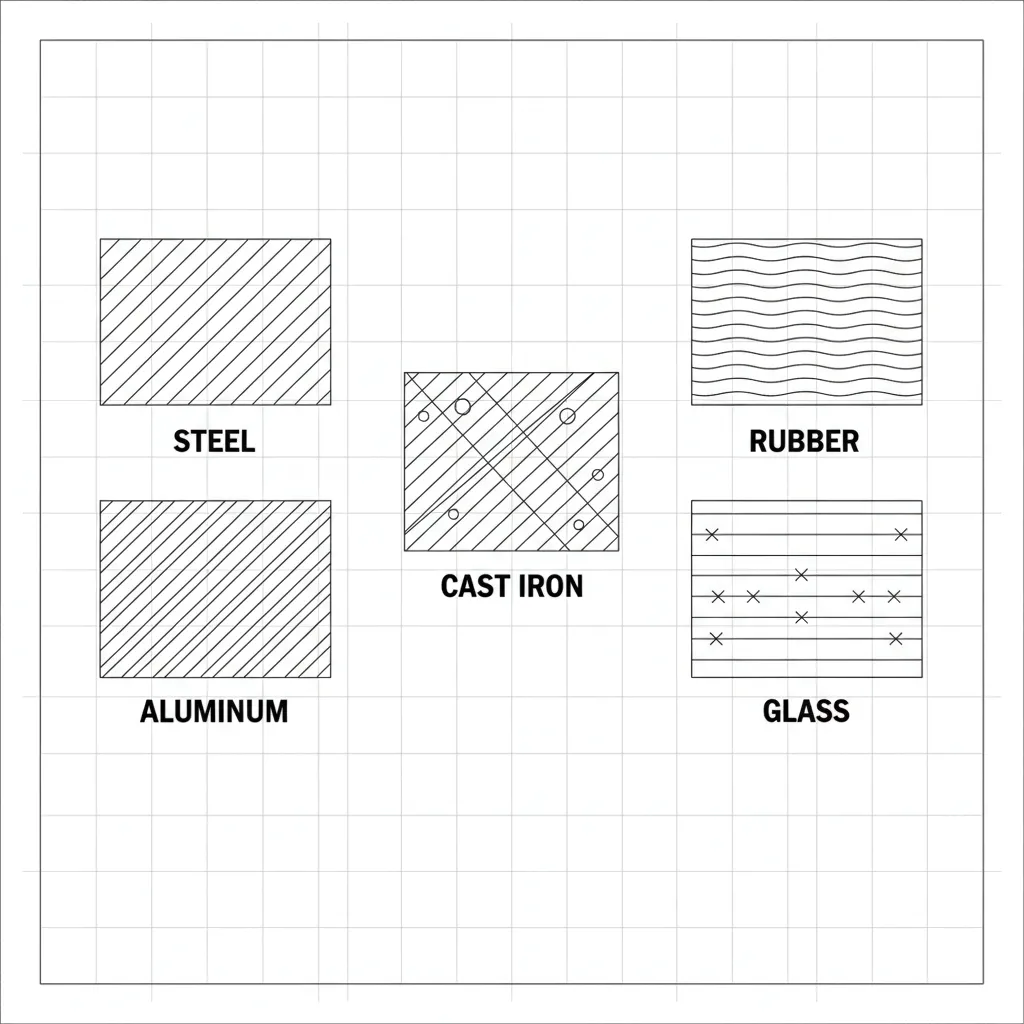 Engineering drawing sheet displaying steel aluminum and cast iron hatch patterns