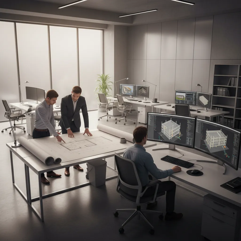 engineers reviewing technical blueprints and structural drawings in office