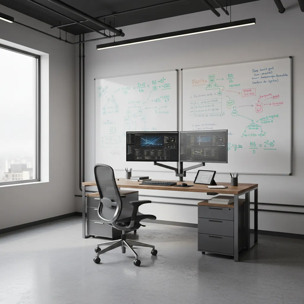 organized engineering office workspace with whiteboards, monitors, and technical drawings