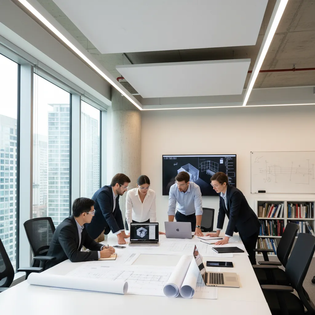 engineering design meeting reviewing technical drawings on a table