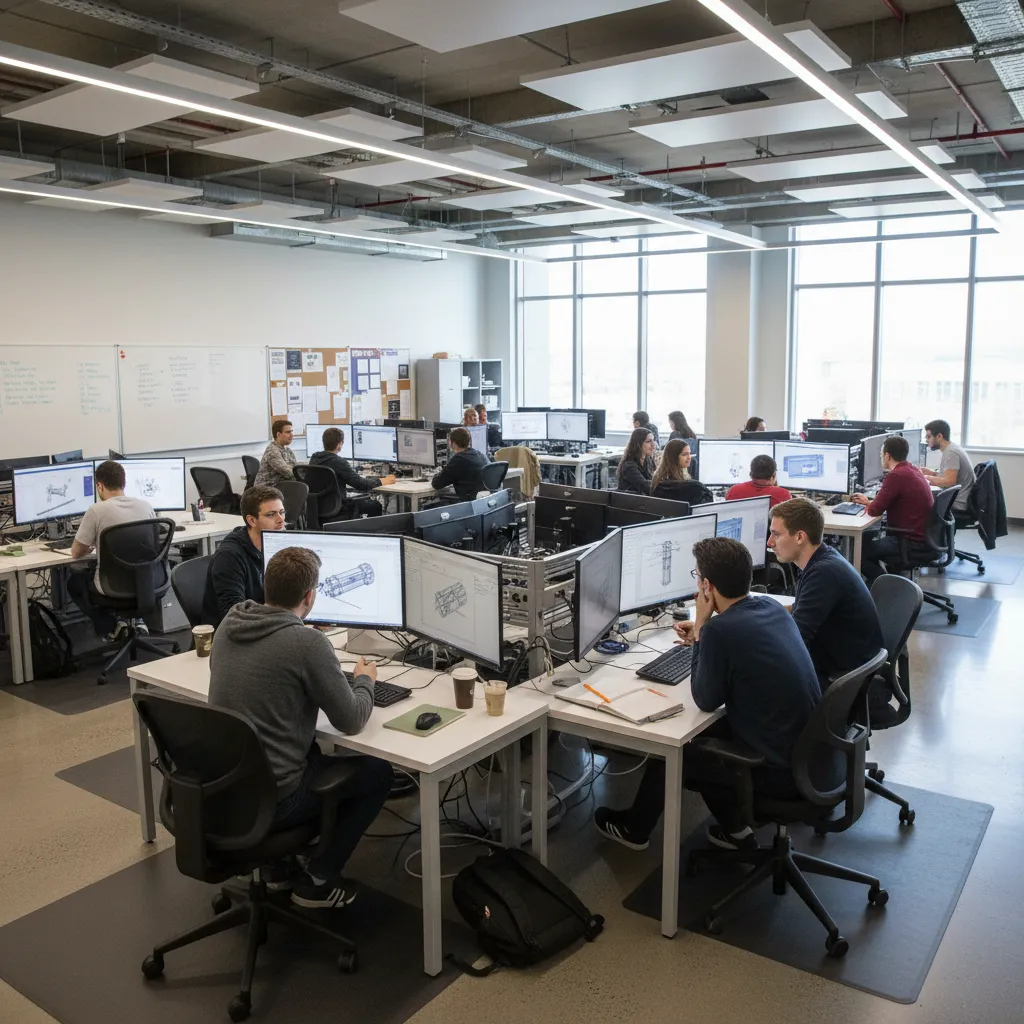 engineering students working on CAD software in a university computer lab