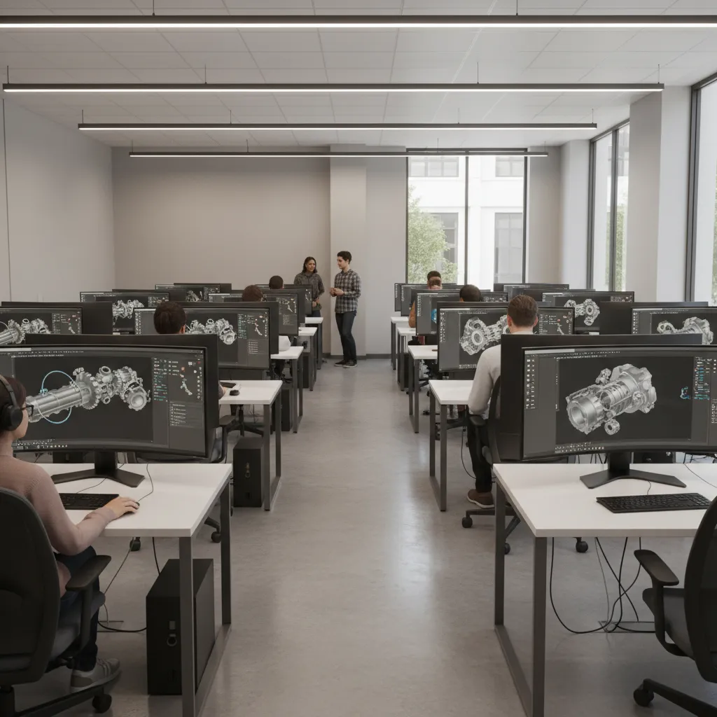 Engineering students using CAD software in a university computer lab