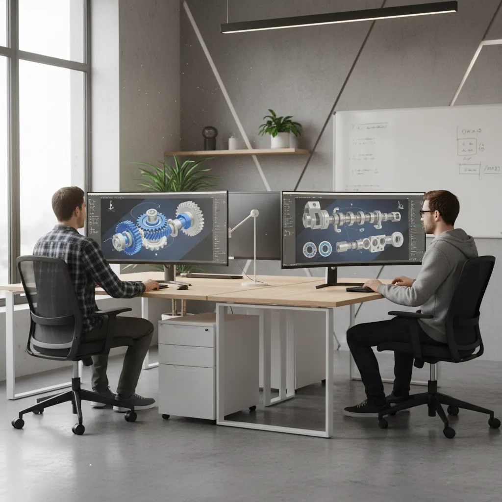 Small engineering team reviewing mechanical CAD models on computer screens