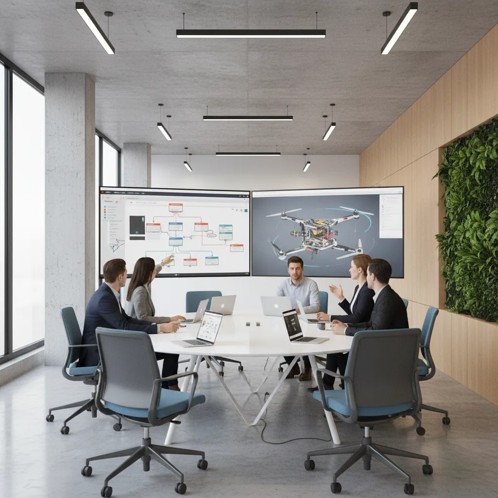 Engineering team reviewing digital design workflow on multiple screens