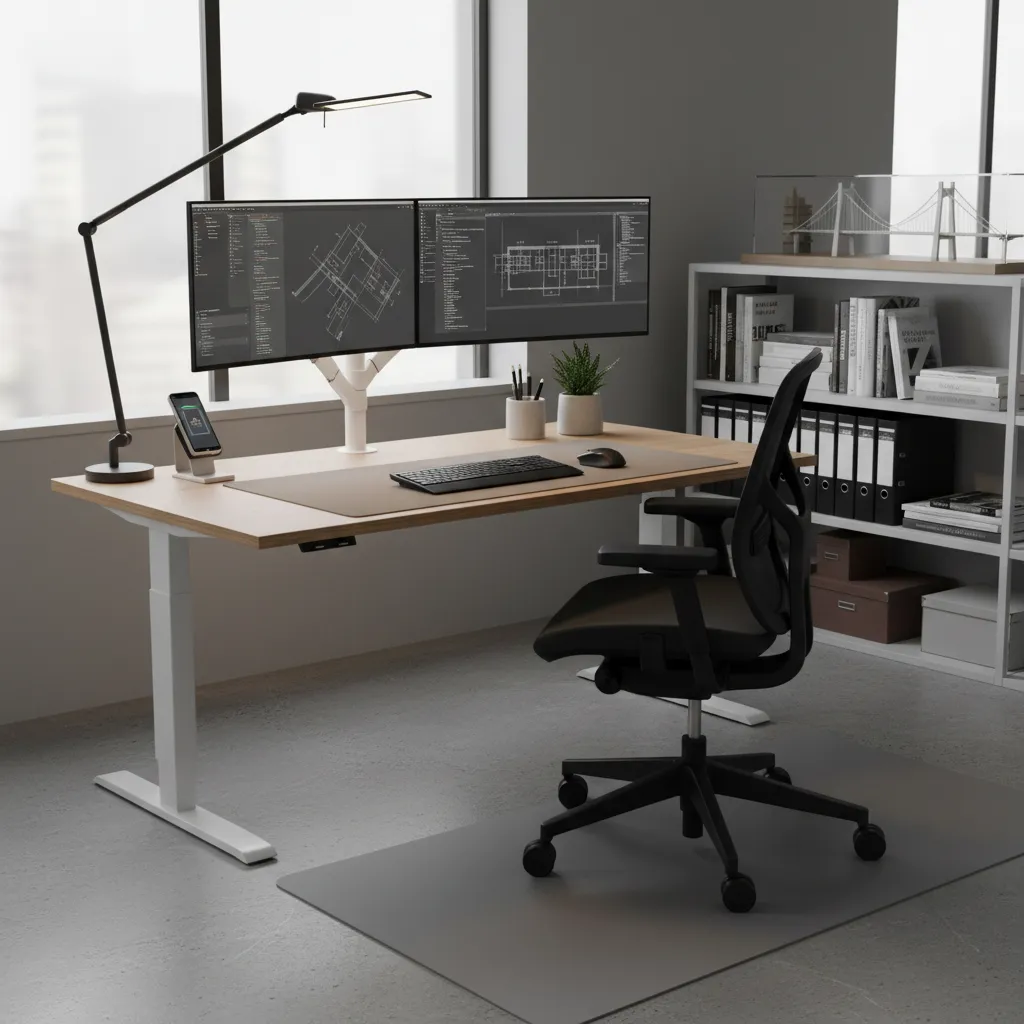 engineering workstation with proper task lighting and monitor setup