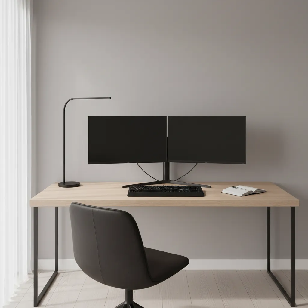 Minimal engineer desk setup with dual monitors and organized workspace