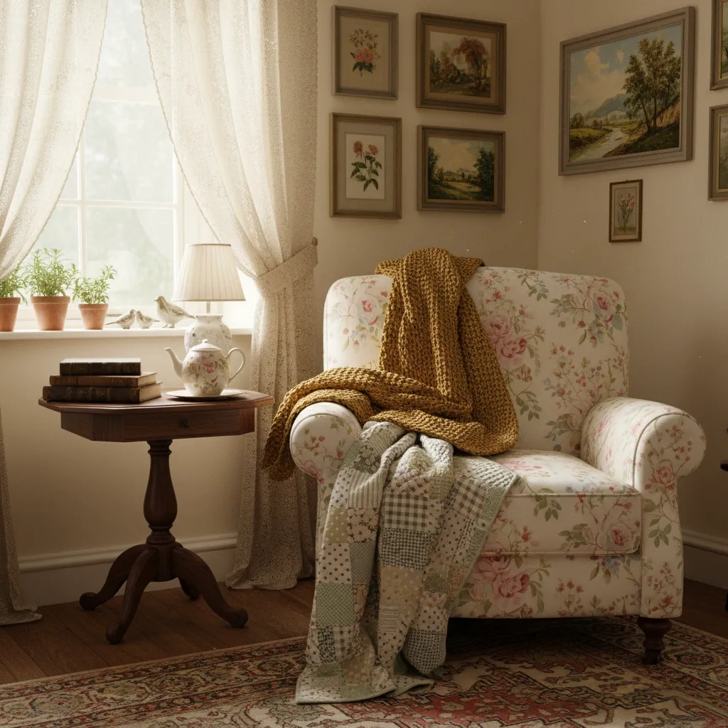 English cottage interior with floral fabrics, layered textiles and antique furniture