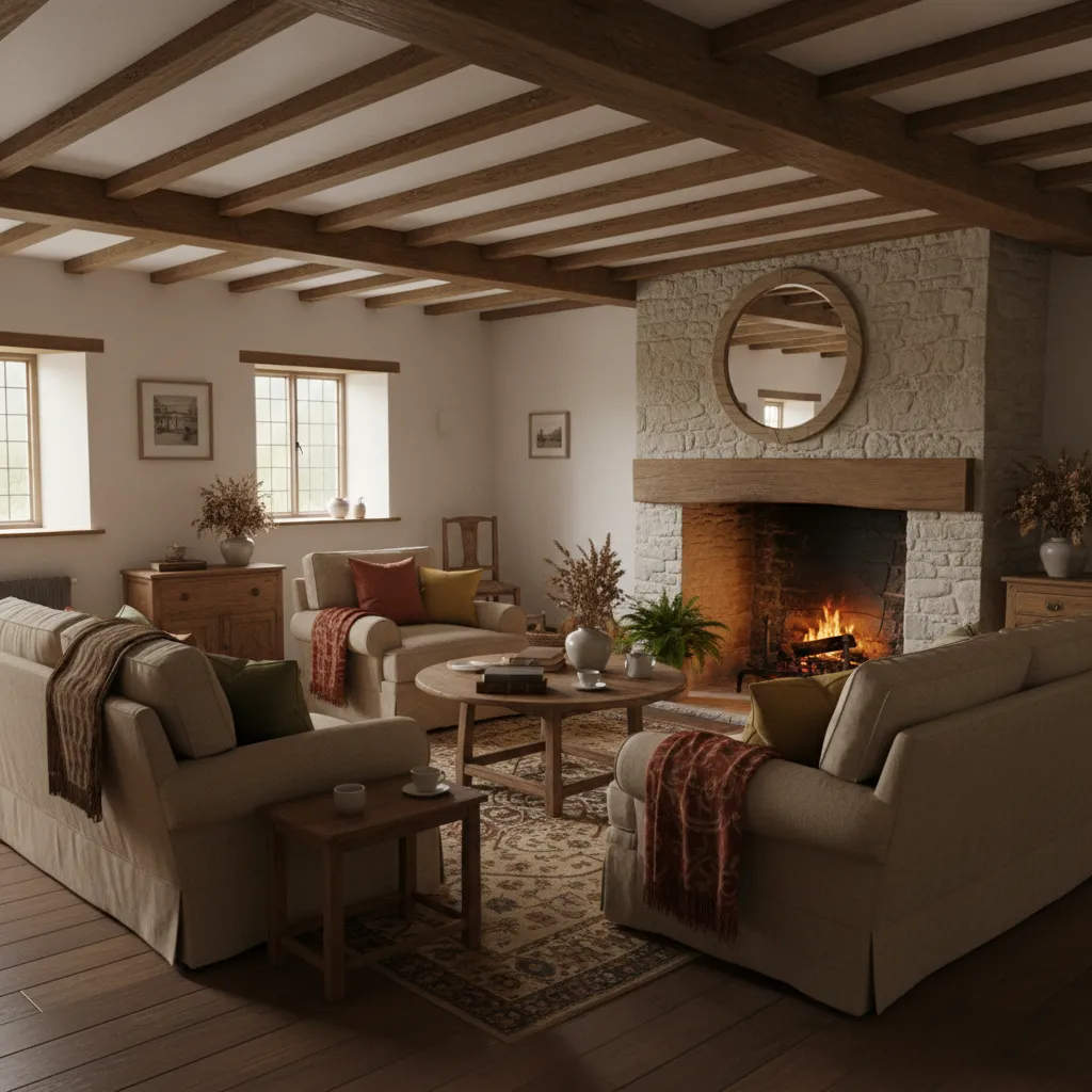 Traditional English cottage living room with exposed beams and stone fireplace