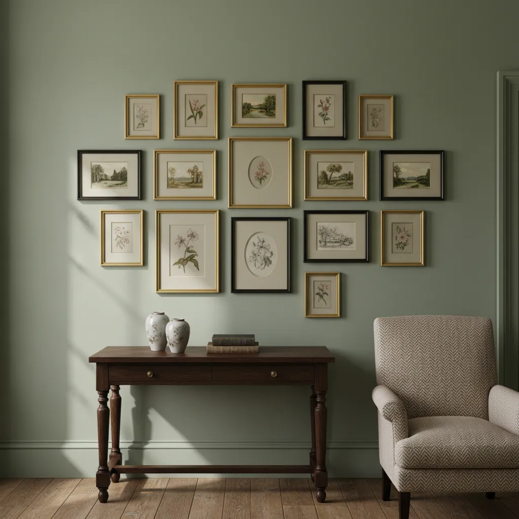Small gallery wall arrangement in English interior style
