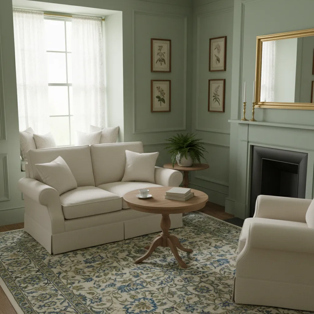 Small English style living room with classic wall paneling and soft heritage colors