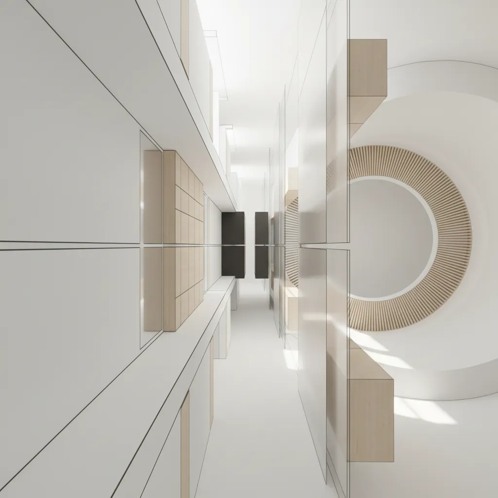 Minimalist interior design drawing of white hallway with wood wall panels and a round window