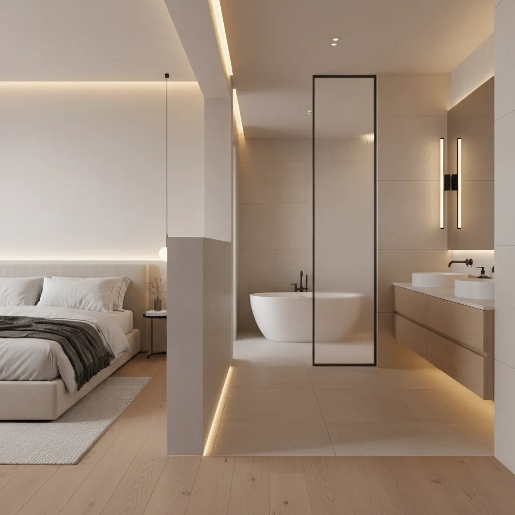 master bathroom entry with privacy hallway design