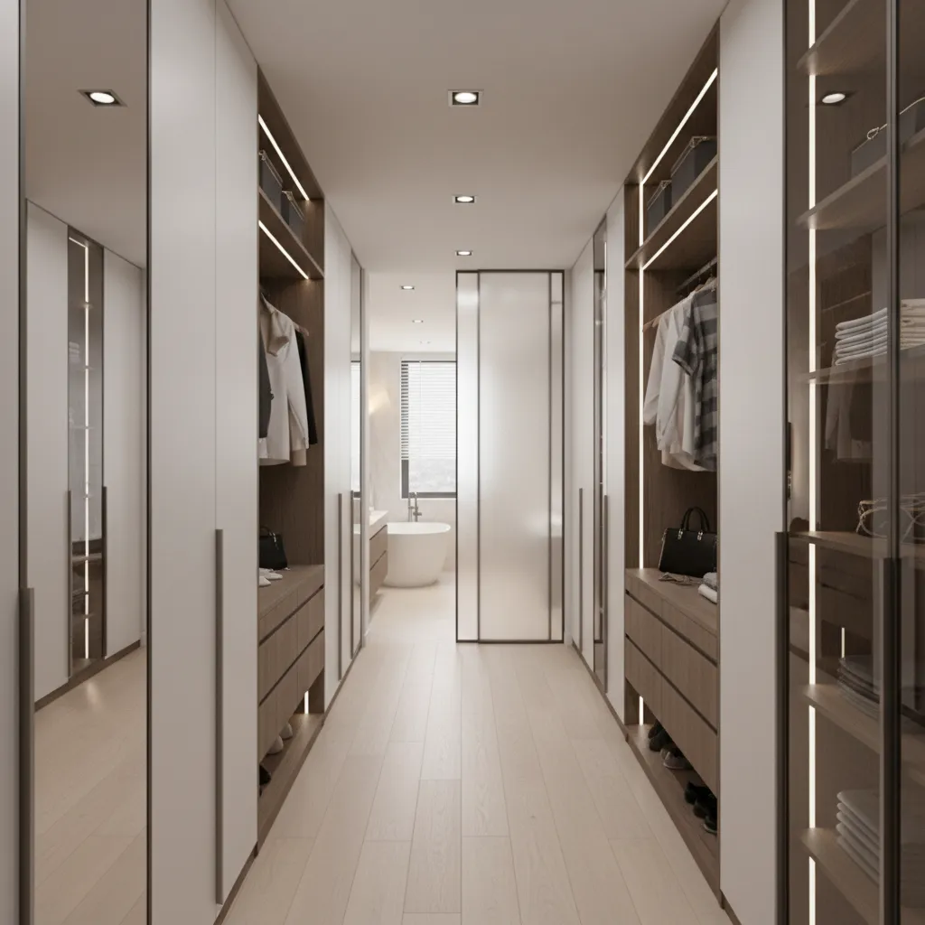 walk in closet connecting bedroom and ensuite bathroom layout