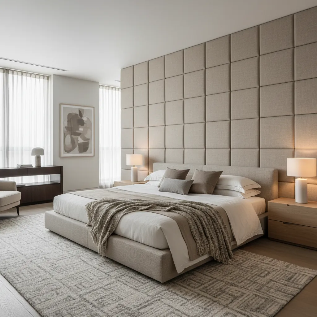 Modern bedroom featuring beige wall panel behind the bed with side lamps and grey rug