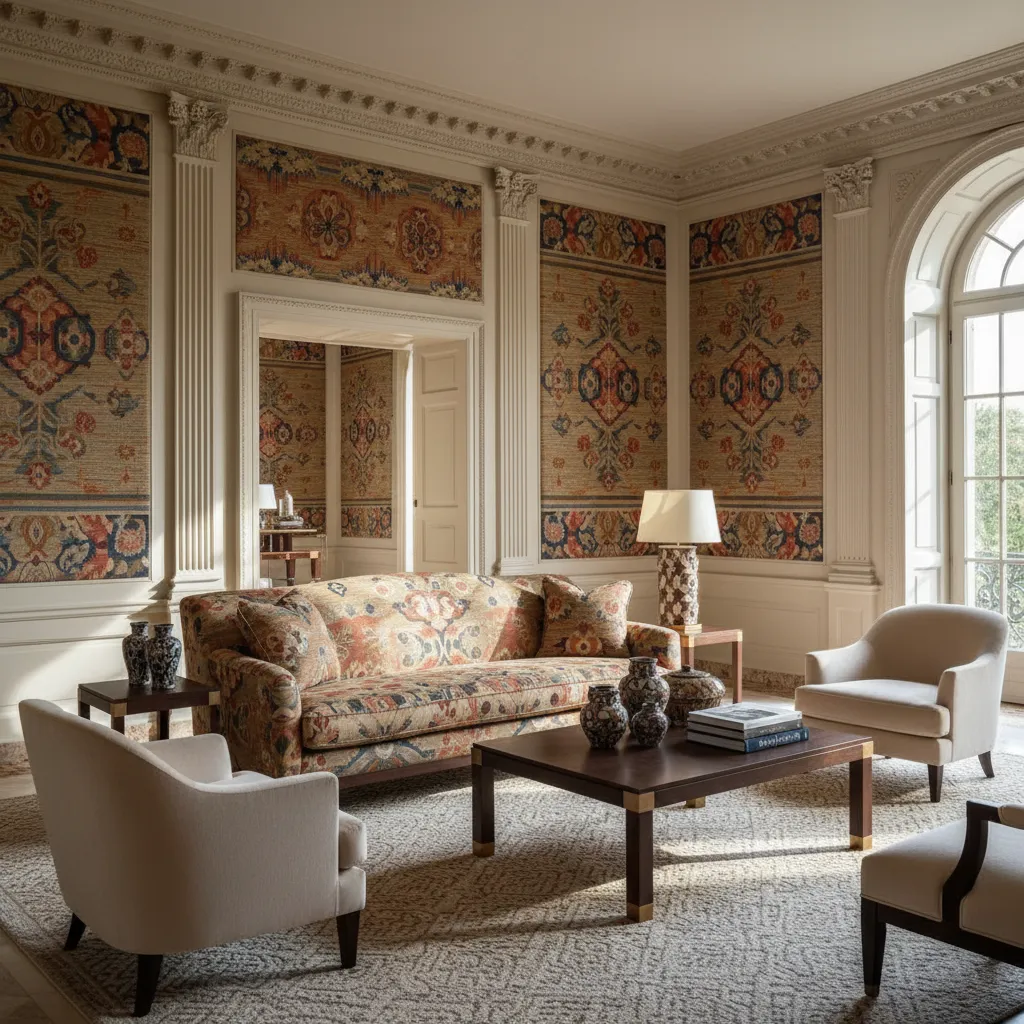 Elegant living room with patterned wall panel design matching sofa and white armchairs coffee table