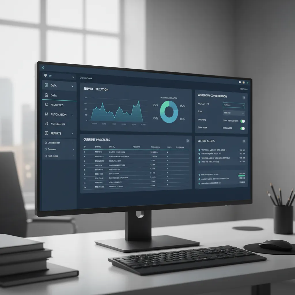 Enterprise software workspace interface with multiple panels and tools