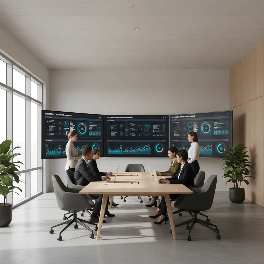 Enterprise team collaborating around workflow management dashboard