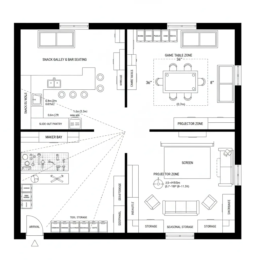 Top-down CAD plan of four-quadrant entertainment grid with snack galley, game table, projector zone, and maker bay