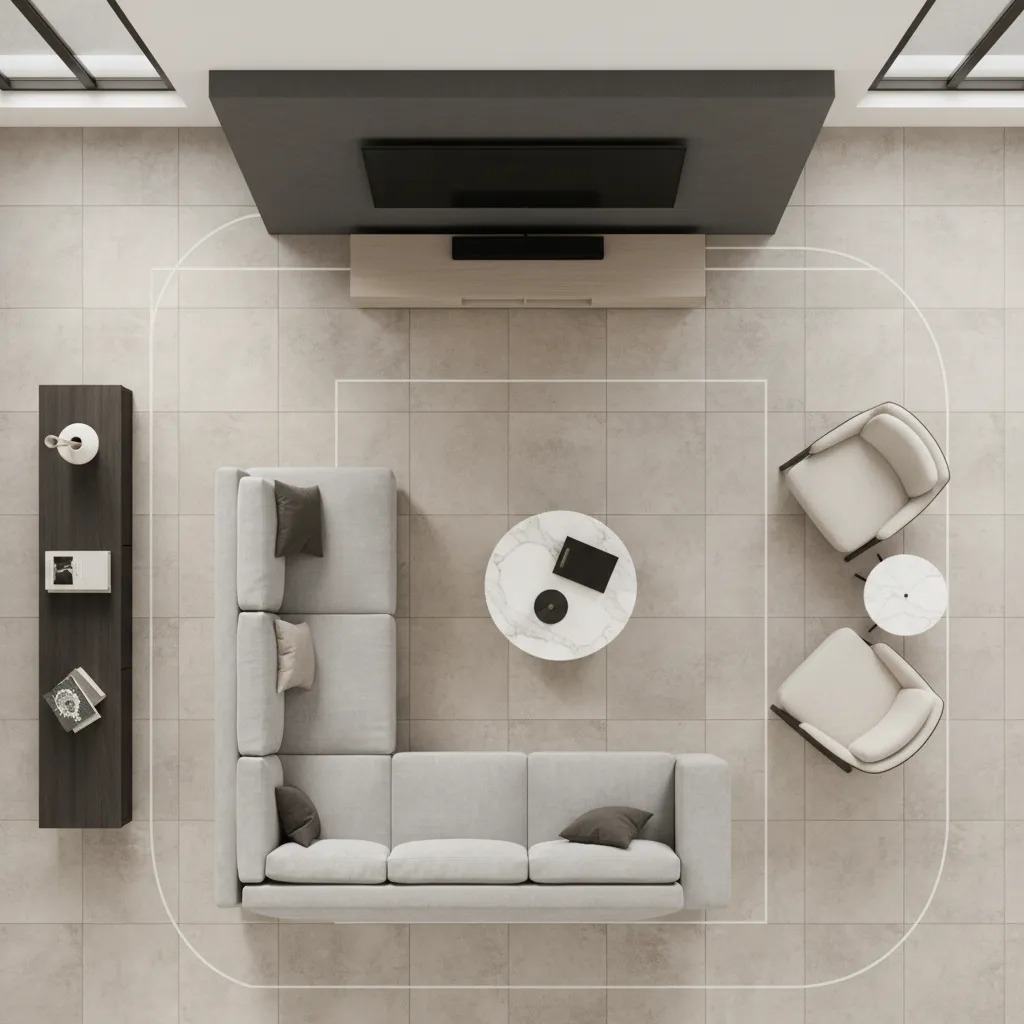 clean layout diagram showing circulation space in a media room