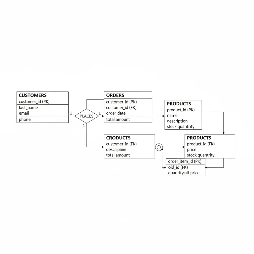 A simple black and white flowchart showing tables for customers orders and products database relationships