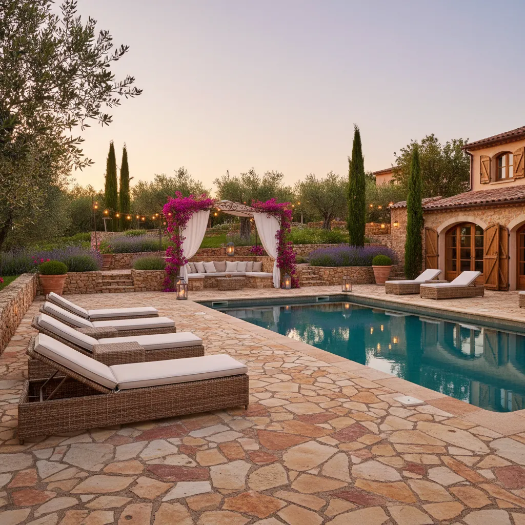 Swimming pool on stone patio with wicker lounge chairs and seating area with pink flowers