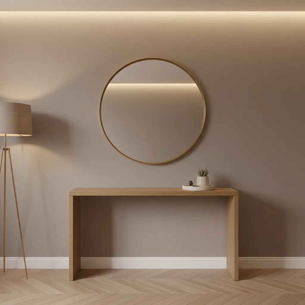 Minimalist hallway with wooden console table, round wall mirror, floor lamp, and light wood flooring