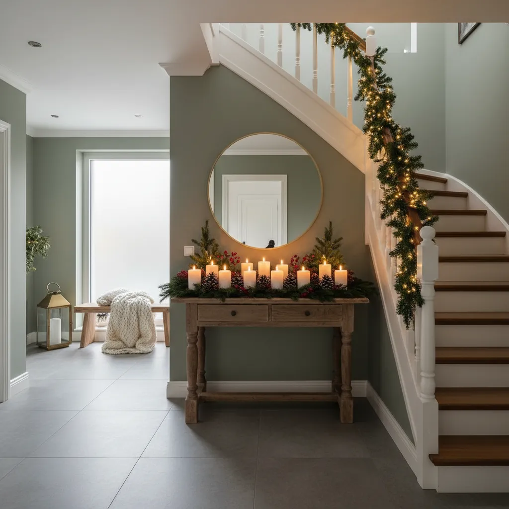 recibidor de casa decorado con guirnalda navideña y luces cálidas