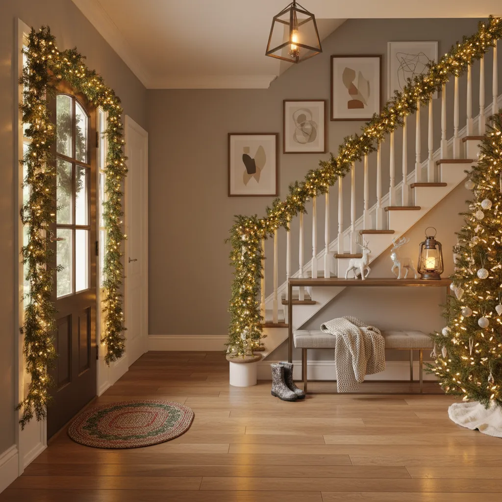 Entrada de casa decorada con guirnaldas y luces navideñas
