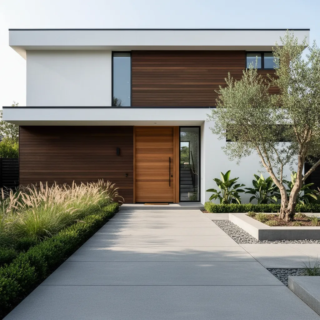 Entrada principal de casa moderna con camino y jardín frontal