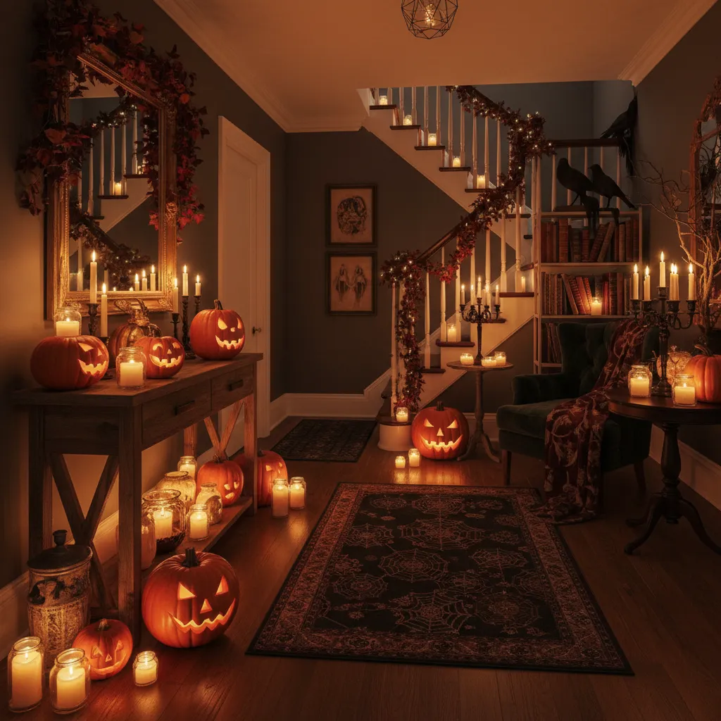 Entrada de casa decorada para Halloween con iluminación cálida