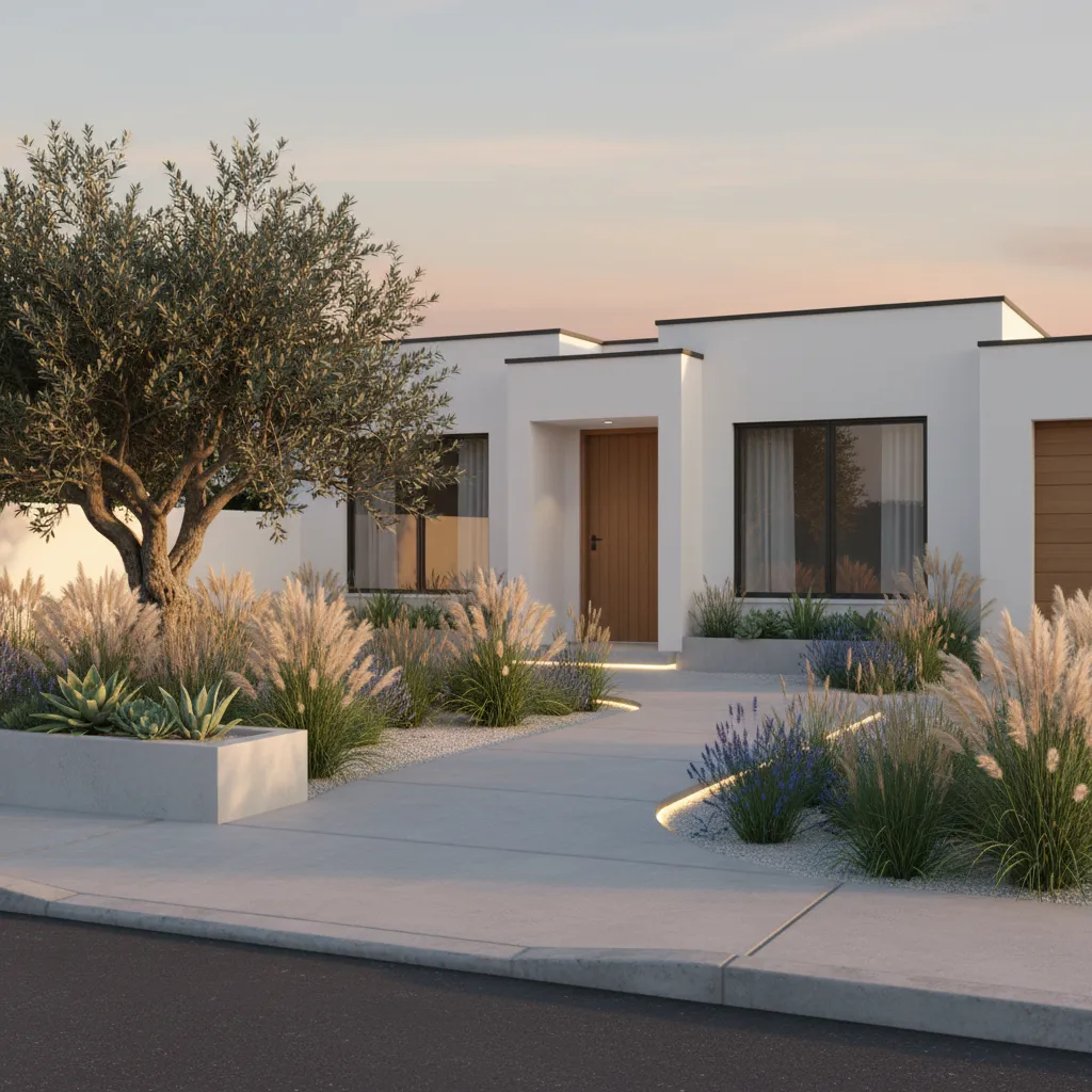 Minimalist white house entrance with wooden door and concrete path featuring floor lights and grass