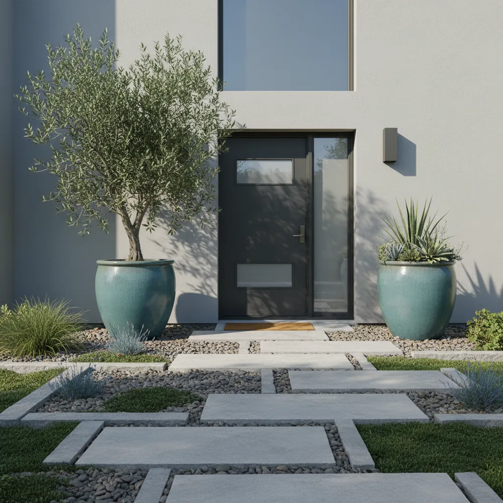 Modern house entrance with a black door, two blue pots, stone pavers, and green plants