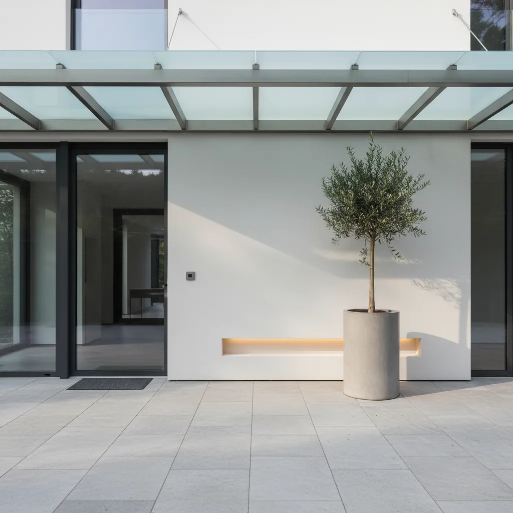 Entrada de casa moderna con marquesina de vidrio y acero