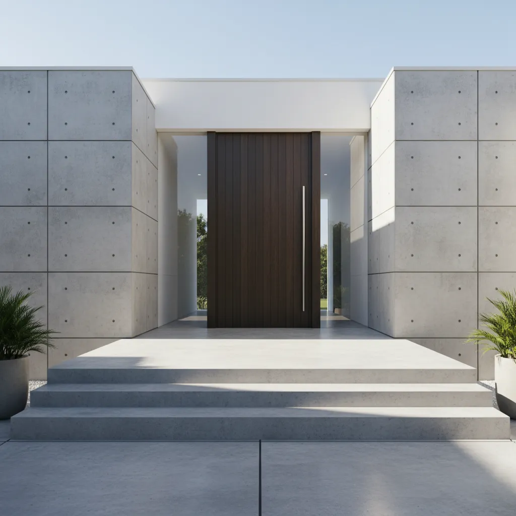 Modern house entrance with concrete walls dark wooden door stone steps and green potted plants