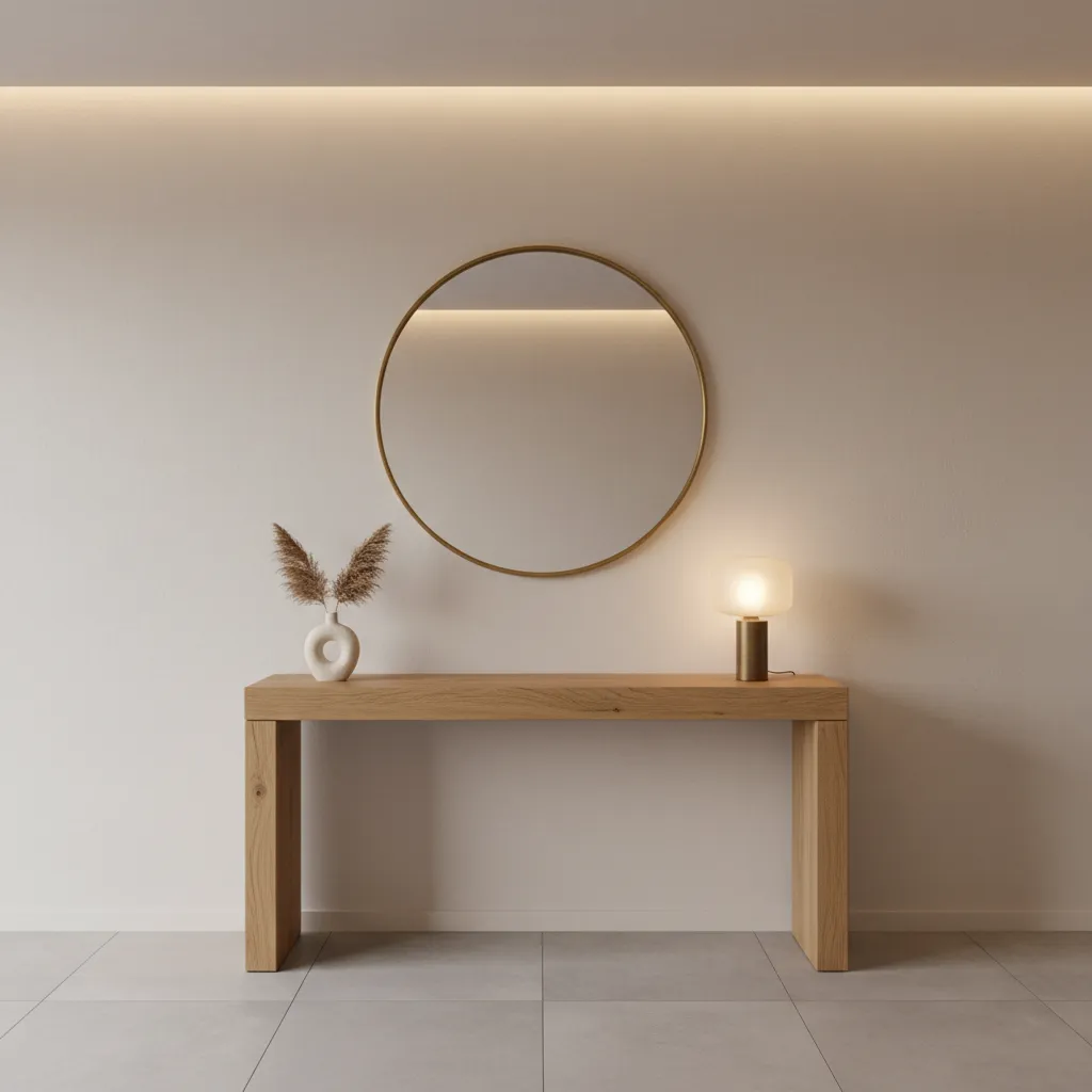 Recibidor moderno con consola, espejo redondo y decoración minimalista
