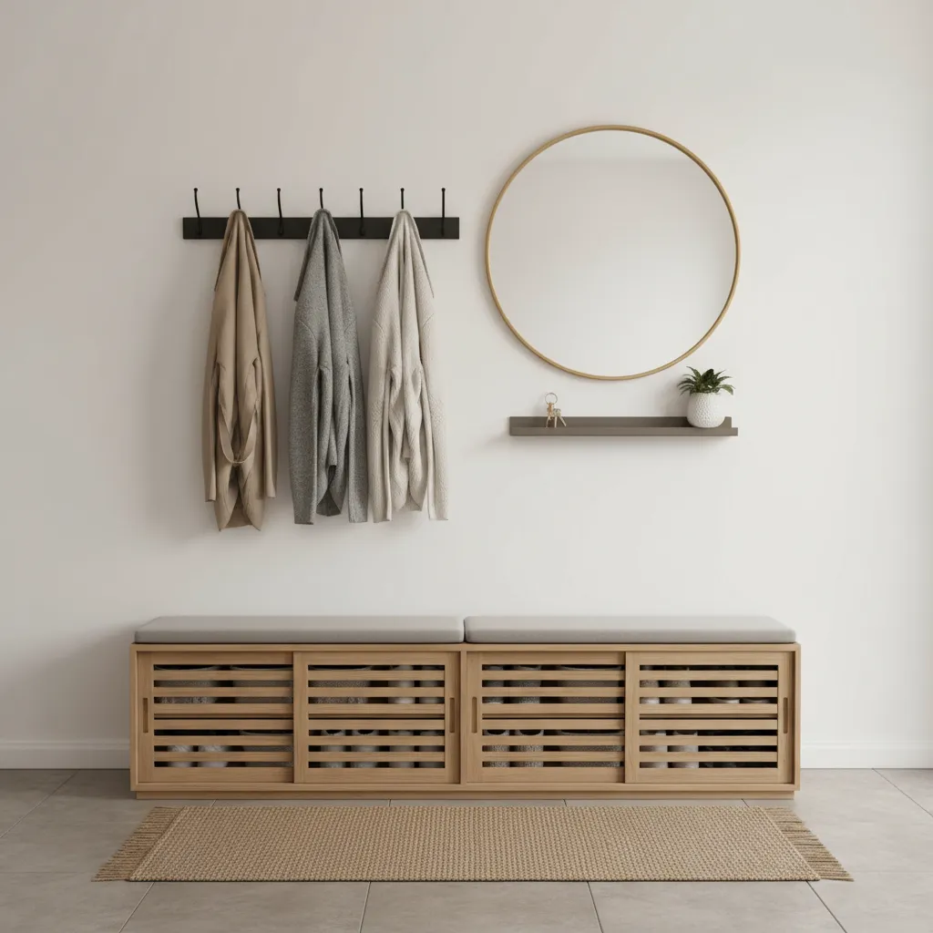 Entrada organizada con banco zapatero, ganchos de pared y espejo