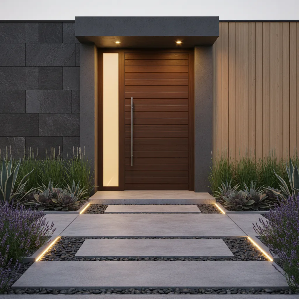 Modern house entrance with dark wood door stone path lights green plants and purple flowers