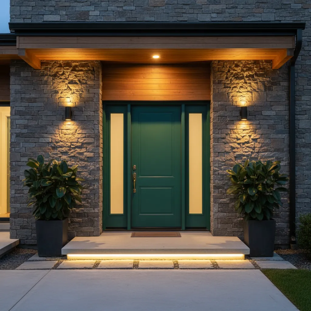 Entrada de vivienda con iluminación cálida y puerta verde elegante
