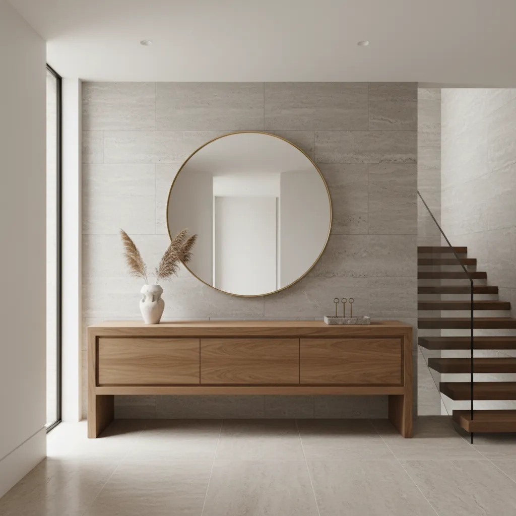 Long wooden cabinet in a stone entryway with a round mirror and a floating staircase