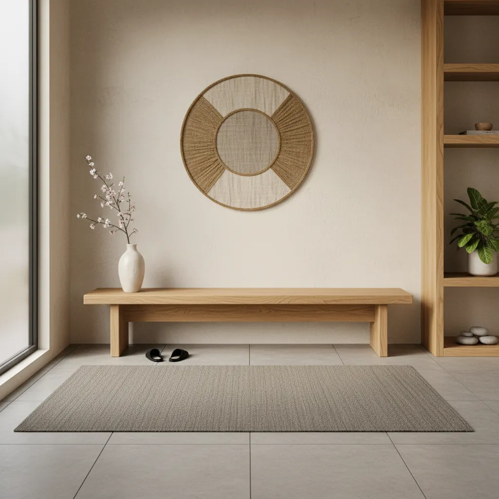 Entrada estilo japandi con banco de madera clara y decoración minimalista