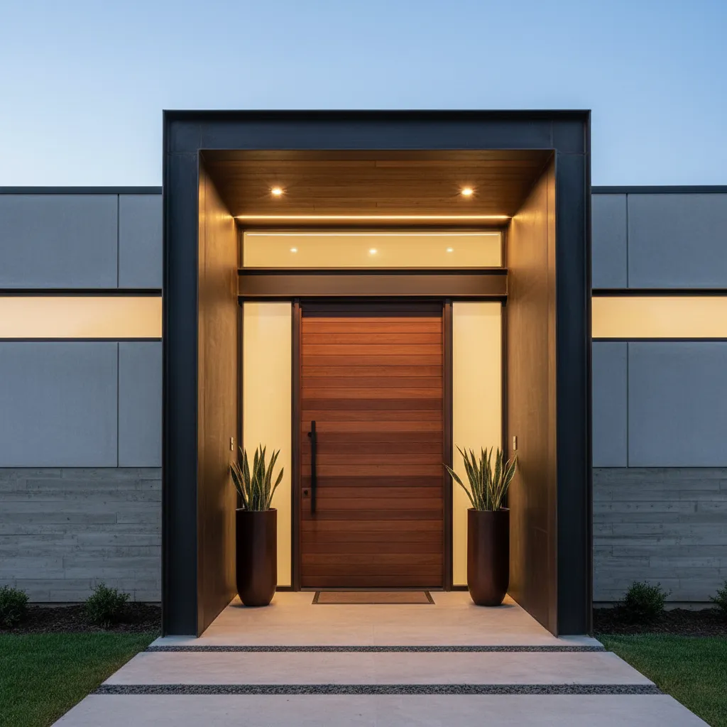 Entrada destacada en fachada moderna de casa de una planta