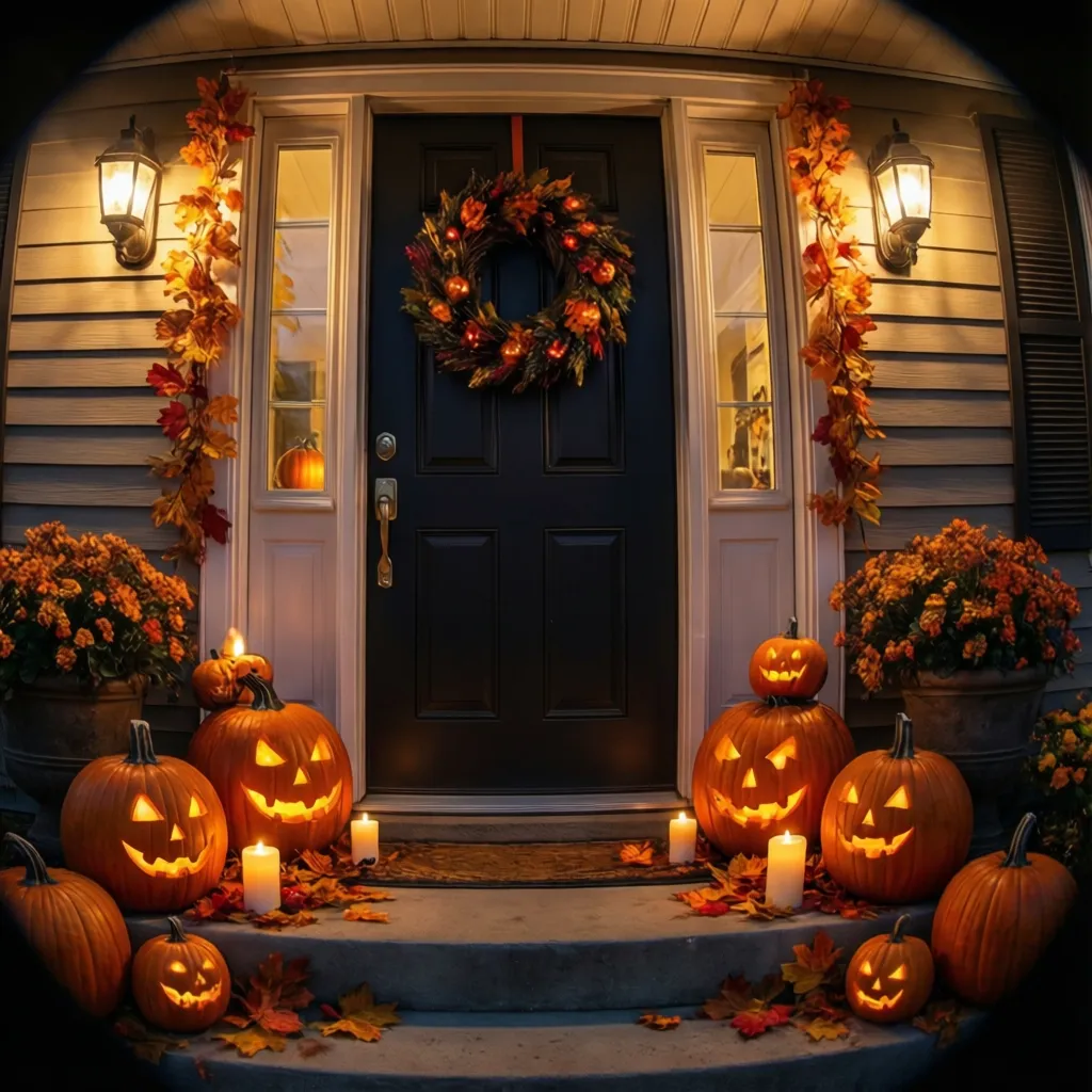 Entrada de casa decorada con calabazas y velas para Halloween