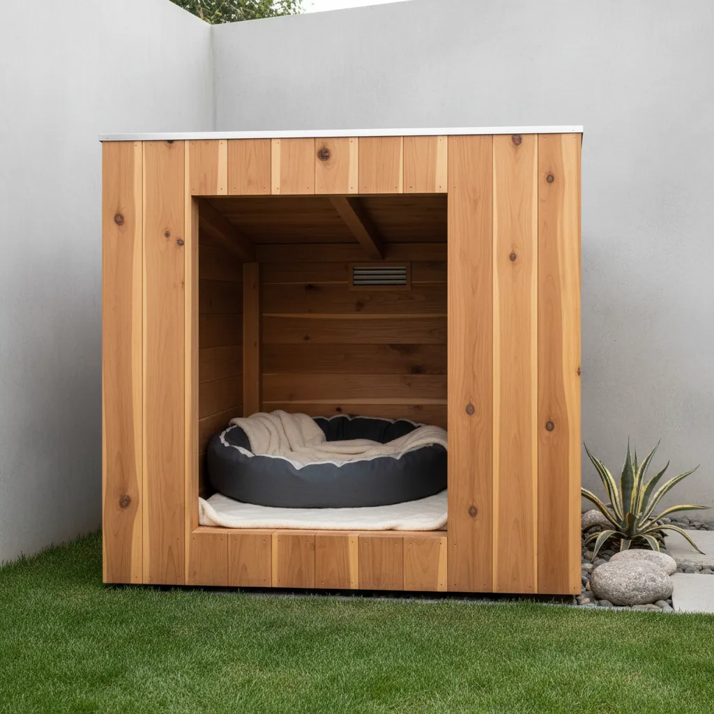 Modern wooden dog house with a soft pet bed inside placed on lush green backyard grass