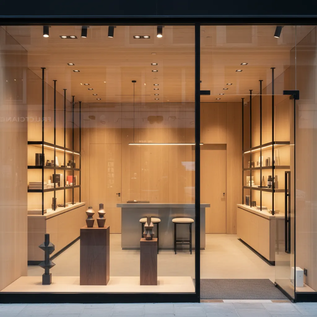 Entrada de tienda con escaparate atractivo y diseño interior visible desde el exterior