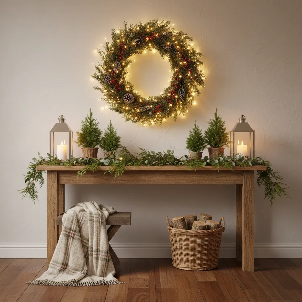 Entrada de casa decorada con corona navideña y luces cálidas