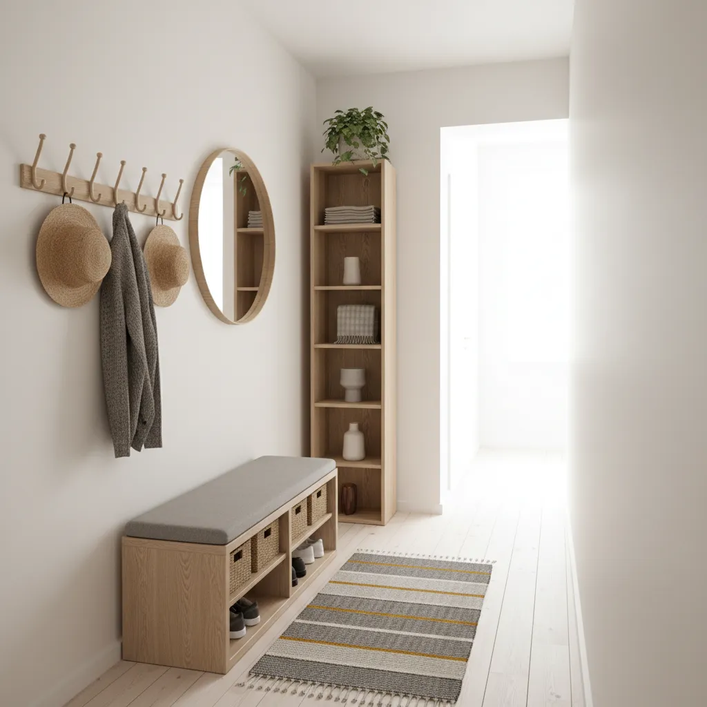 Entrada pequeña de apartamento con banco y almacenamiento vertical