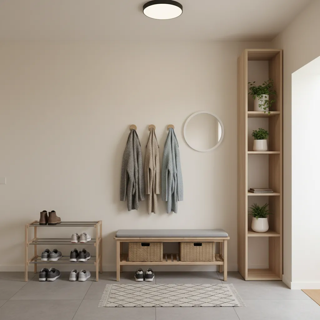 Hallway entryway with wooden bench, shoe rack, hanging coats, round mirror, tall shelf and plants