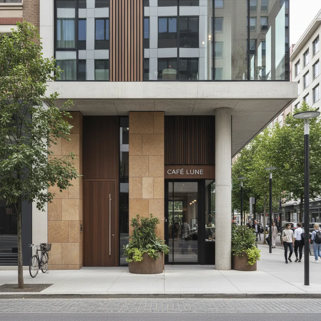 Modern storefront entrance with glass door wooden wall panels stone facade and green potted plants