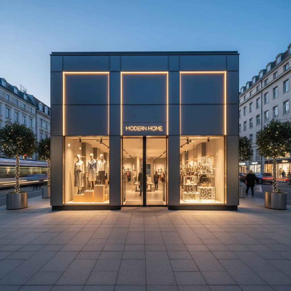 Entrada de tienda diseñada para atraer clientes con iluminación y escaparate