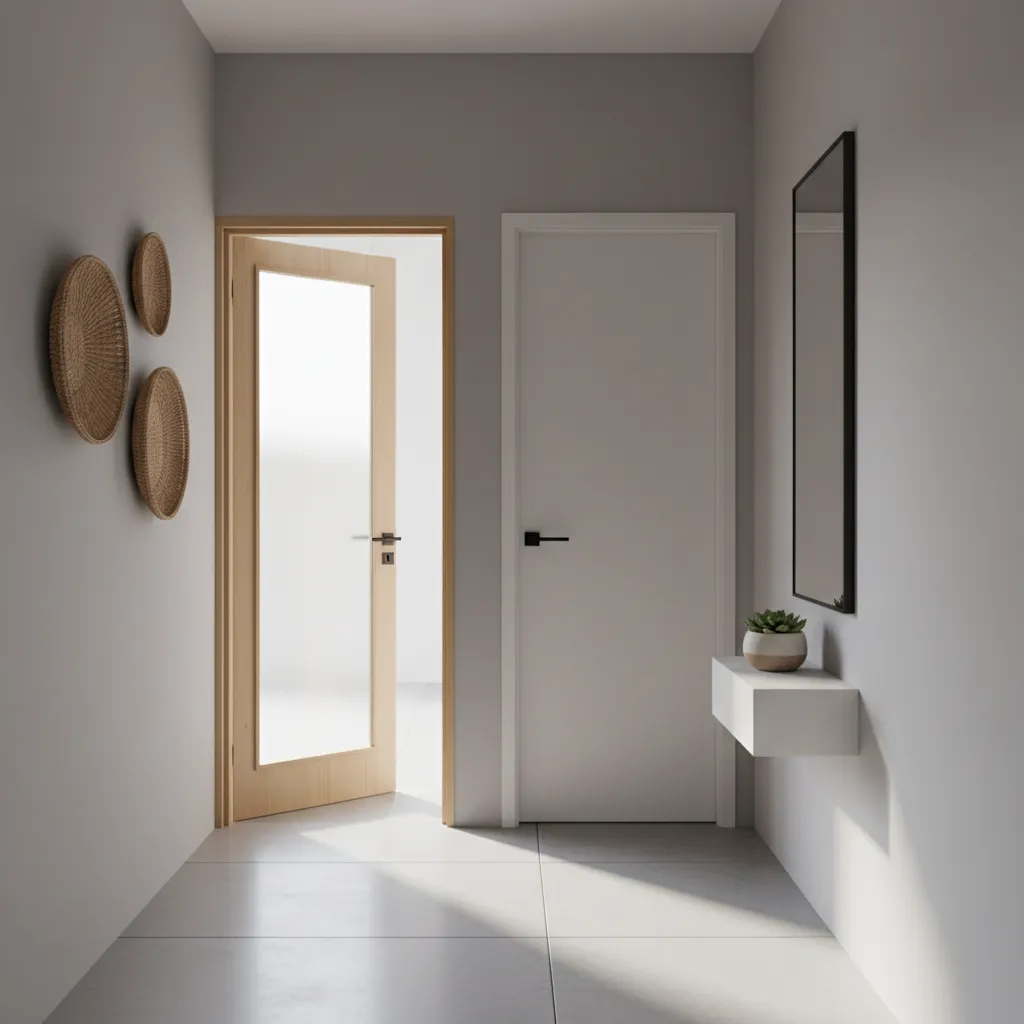 Apartment entryway with bathroom door visible from front entrance